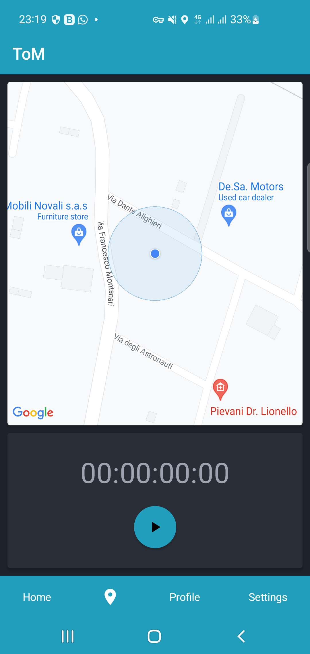 Schermata di tracking con mappa live, polyline e timer